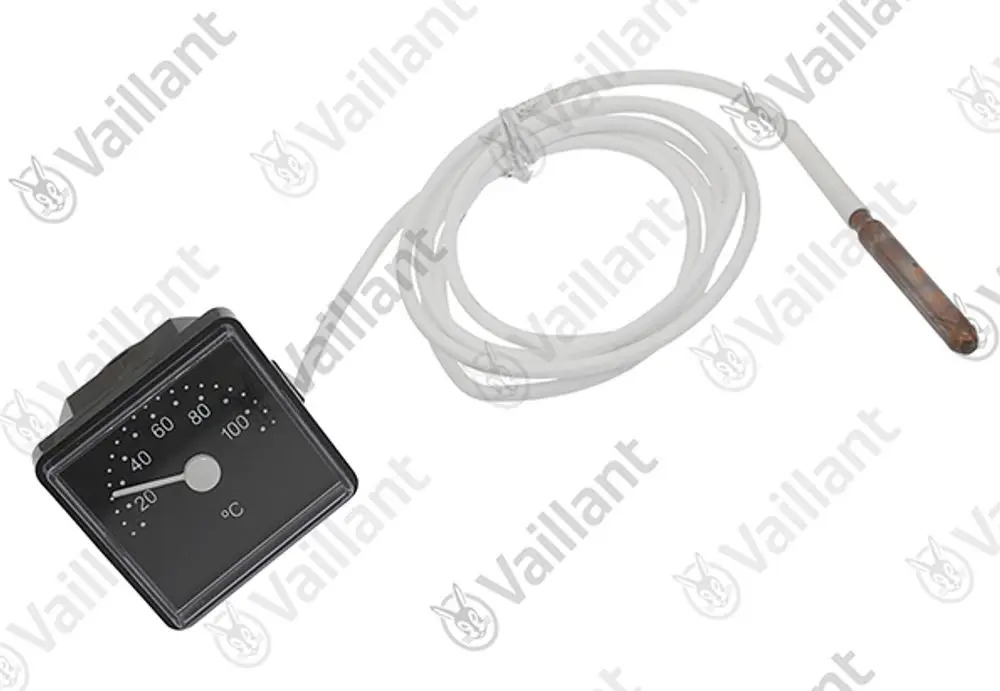 Vaillant Thermometer mit analoger Anzeige zur Temperaturmessung, angeschlossen durch ein langes Kabel mit sensorischem Ende.